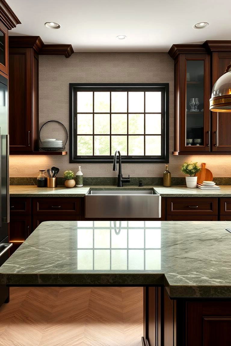 Olive Green Countertops with Subtle Veining - 24 Olive Green Kitchens