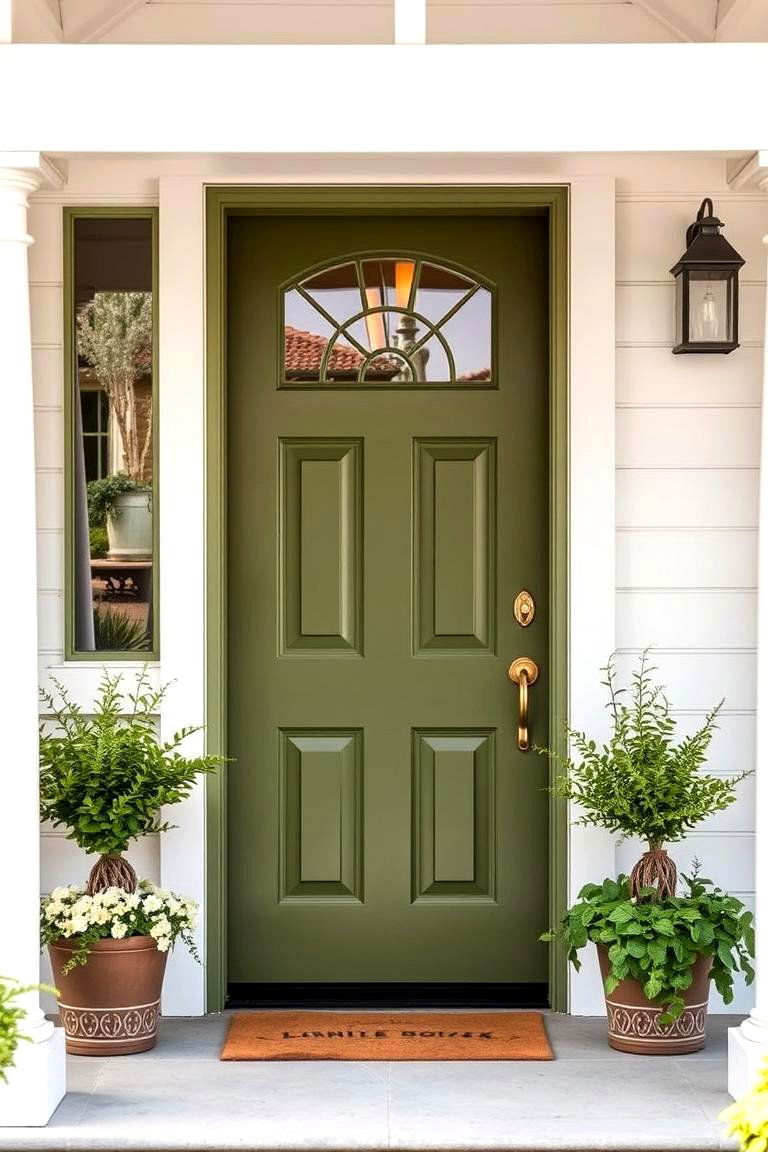 Olive Green Front Door with Complementary Hardware - 24 Olive Green House Exterior Ideas