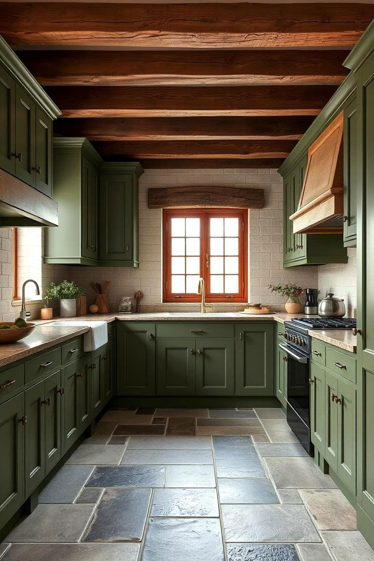 Olive Green Kitchen with Natural Stone Flooring - 24 Olive Green Kitchens