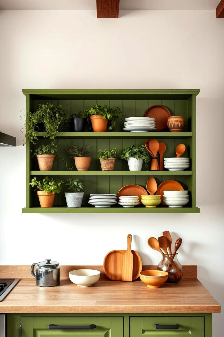 Olive Green Open Shelving with Earthy Decor - 24 Olive Green Kitchens