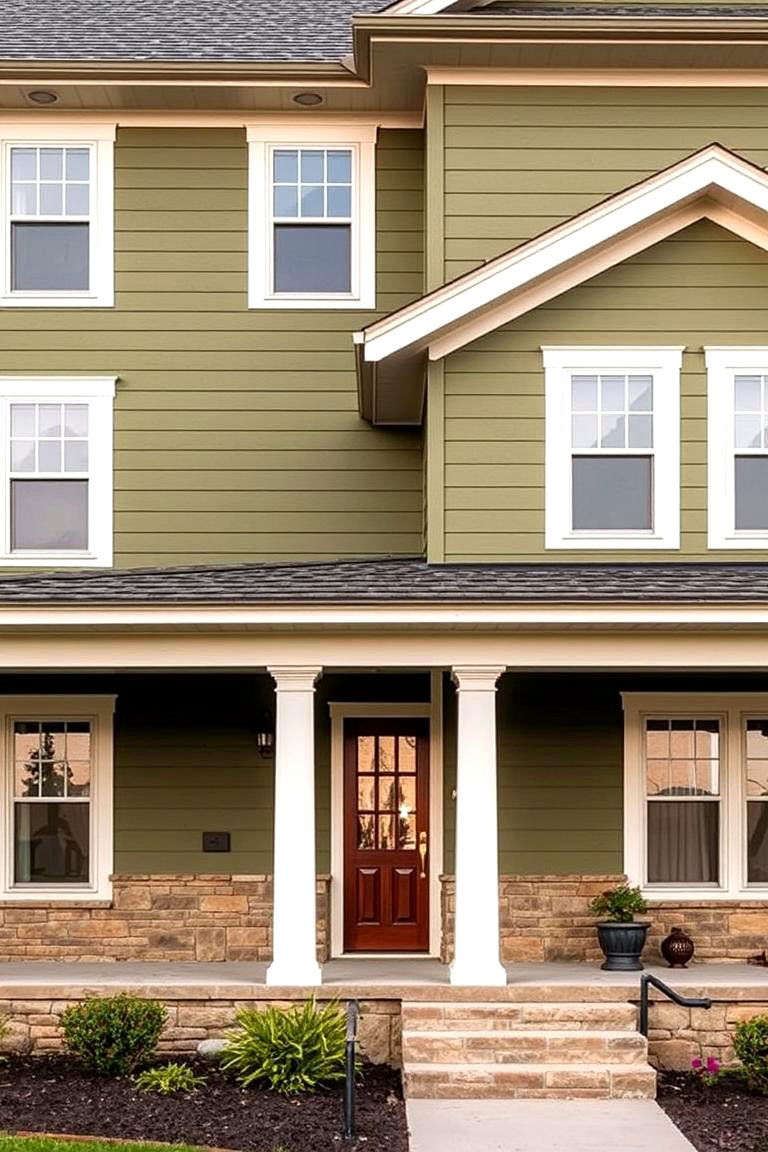 Olive Green Stone Veneer Accents - 24 Olive Green House Exterior Ideas