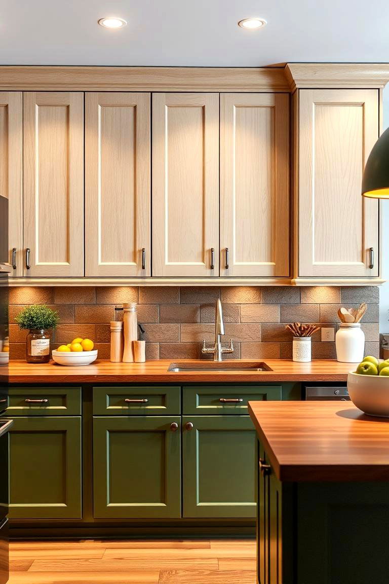 Olive Green and White Oak - 24 Two Tone Kitchen Cabinet Ideas