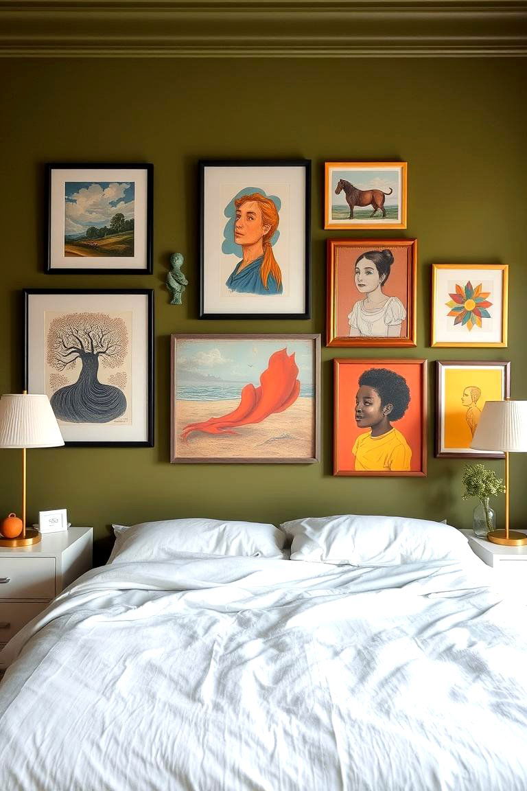 Olive Green as a Backdrop for Art - 24 Olive Green Bedroom Ideas