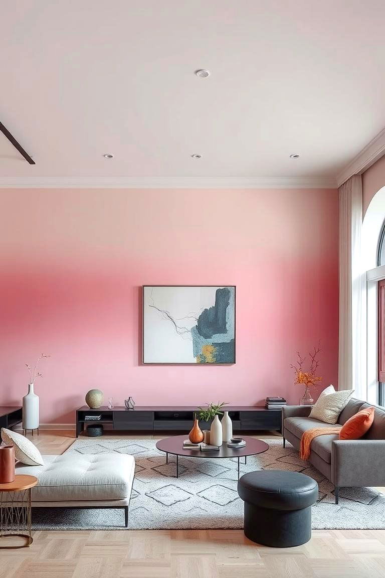 Ombre Pink Wall - 24 Pink Living Room Ideas