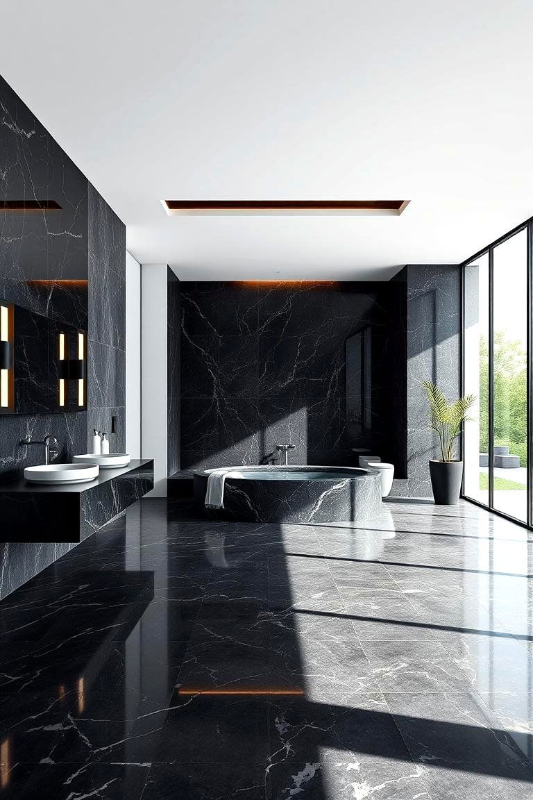 Open Concept Bathroom Spaces - 24 Black Marble Bathrooms