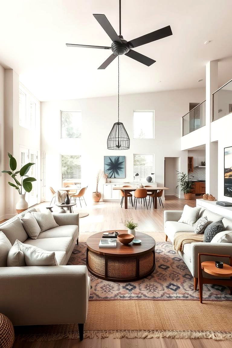 Open Floor Plan Integration - 24 Minimalist Modern Boho Living Room Ideas