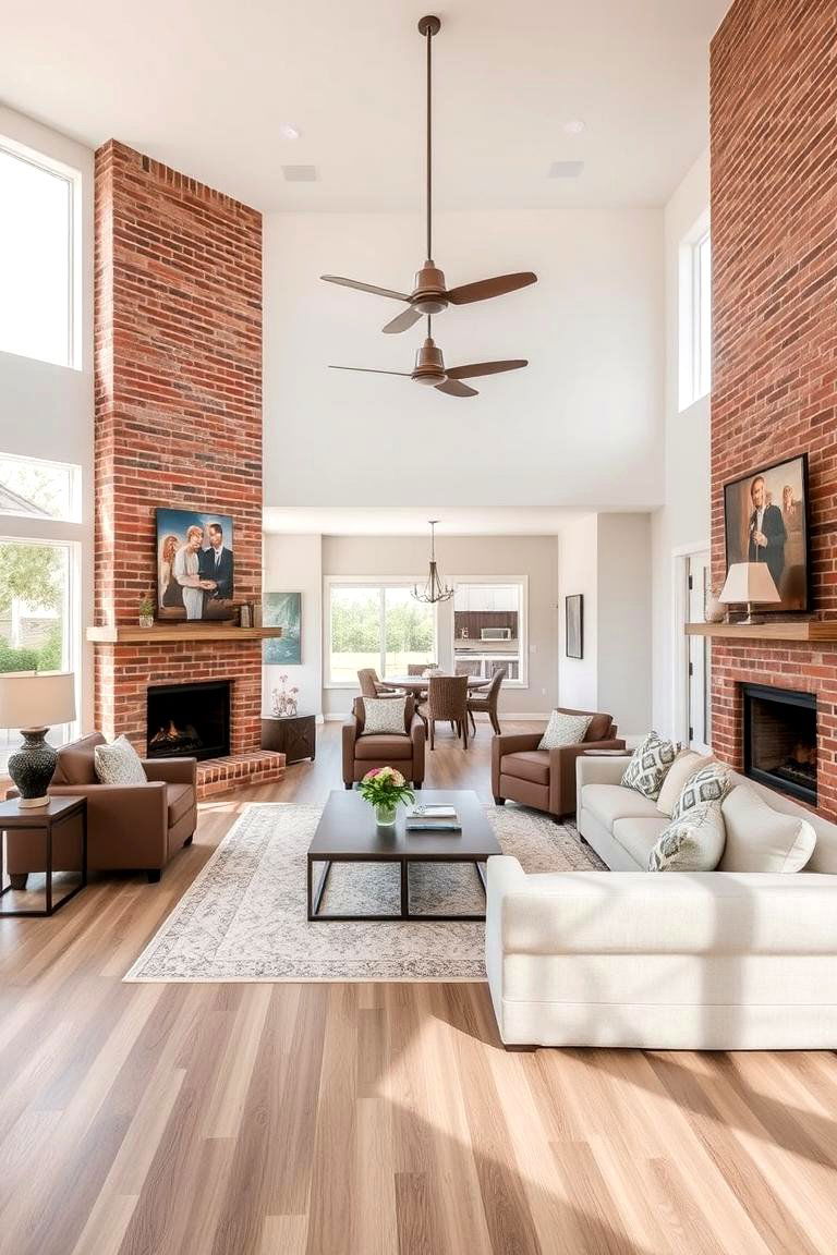 Open Floor Plan with Seamless Transitions - 24 Rustic Living Room With a Brick Fireplace Ideas