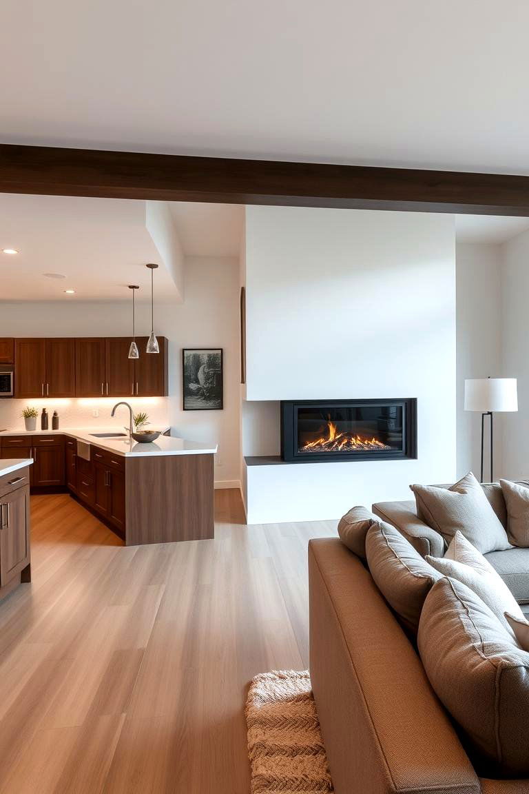 Open Plan Integration with Double Sided Fireplace - 24 Kitchens With Fireplaces