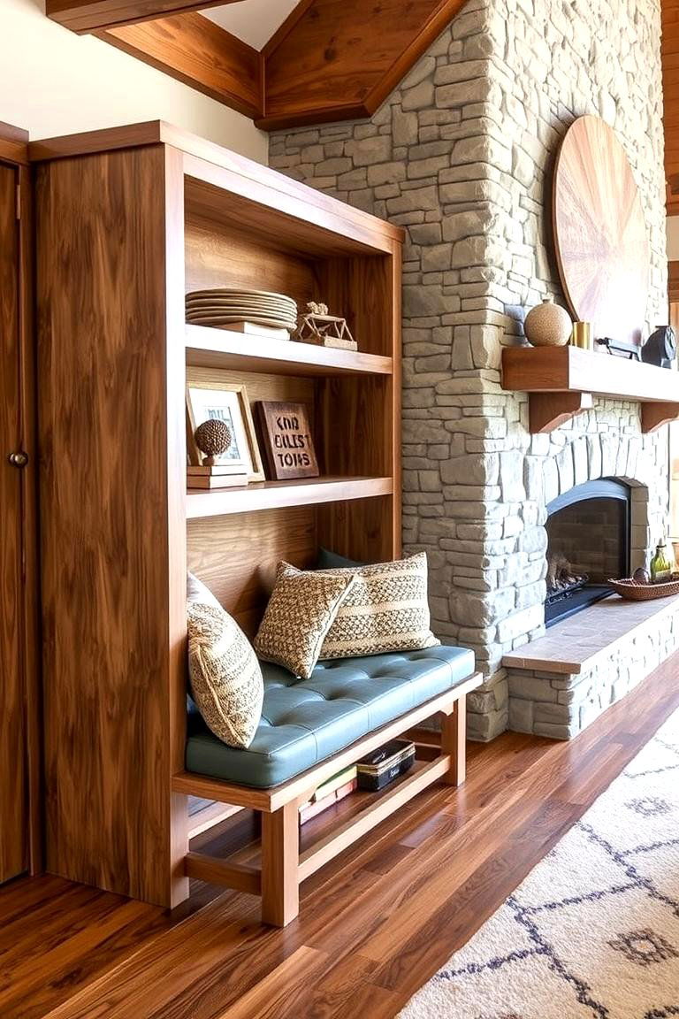 Open Shelf Bench for Displaying Decor - 24 Fireplace Bench Ideas