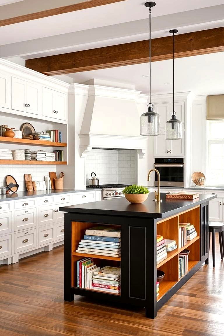 Open Shelves on the Island - 24 white kitchen ideas with black island