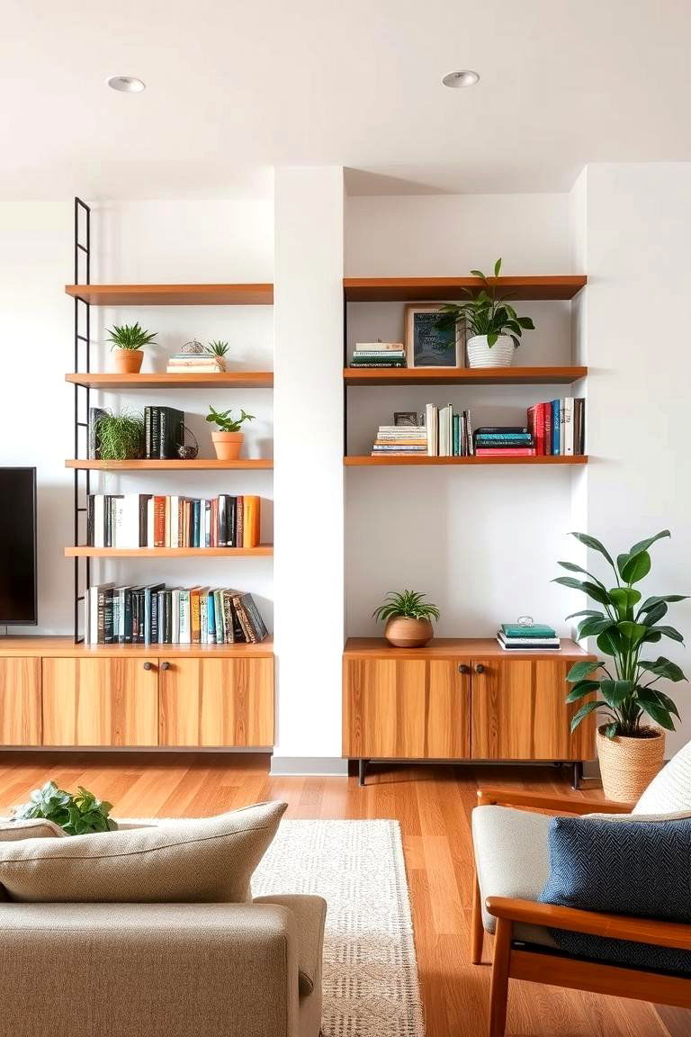 Open Shelving - 24 Mid-Century Modern Living Room Ideas