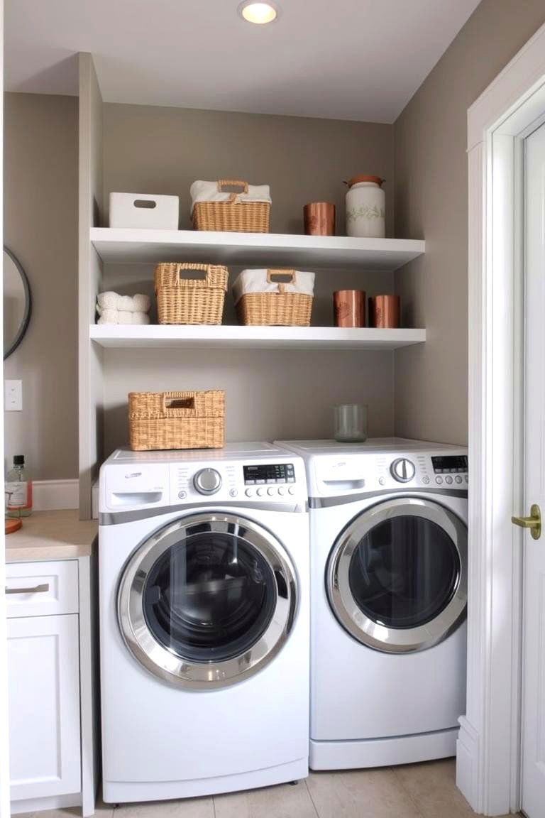 Open Shelving Display Stylish Storage - 24 Small Laundry Room Ideas With a Top Load Washing Machine