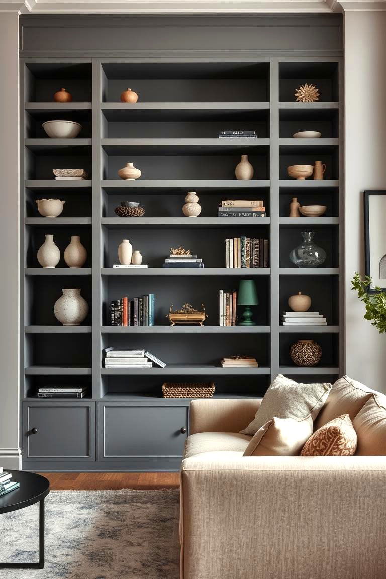 Open Shelving Displaying Decor in Neutral Tones - 24 Grey and Beige Living Room Ideas