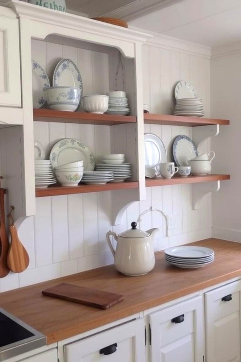 Open Shelving Displaying Vintage Dishes - 24 Rustic White Kitchen Ideas