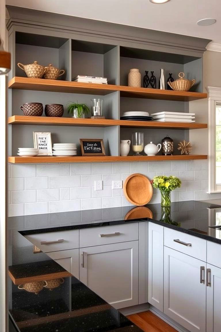 Open Shelving Elements - 24 Kitchen With Gray Cabinets And Black Countertops Ideas