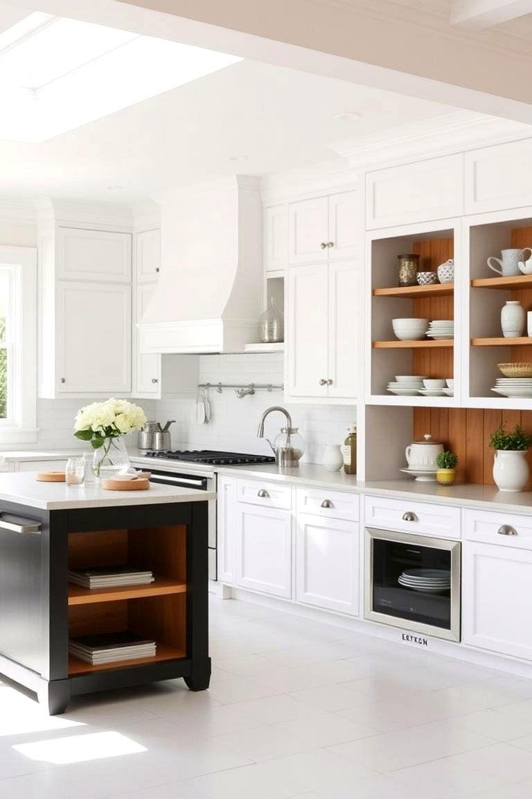 Open Shelving Integration - 24 white kitchen ideas with black island