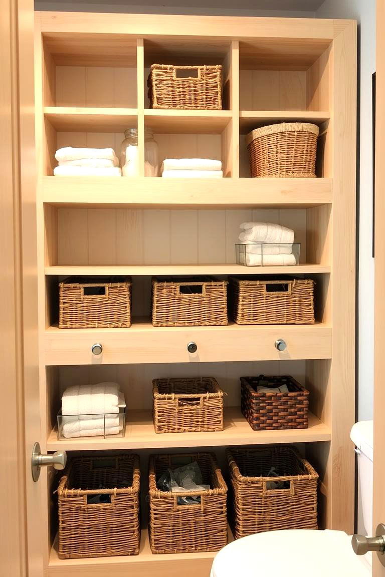 Open Shelving Units with Baskets - 24 Small Bathroom Shelving Ideas