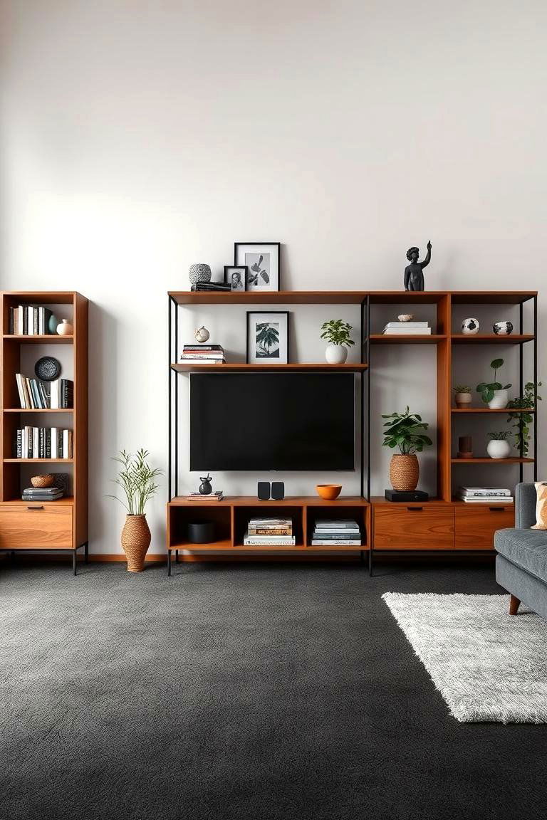 Open Shelving for Display Against Grey Carpet - 24 grey carpet living room ideas