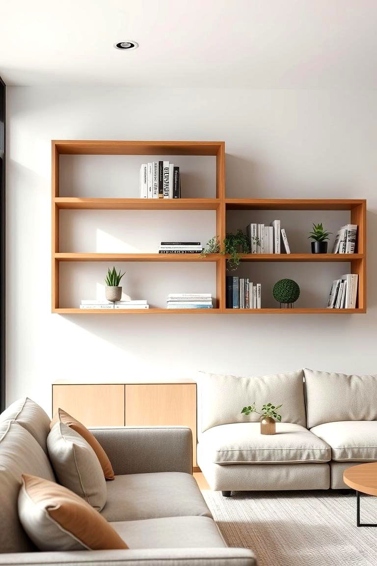 Open Shelving for Functional Display - 24 Minimalist Living Room Ideas