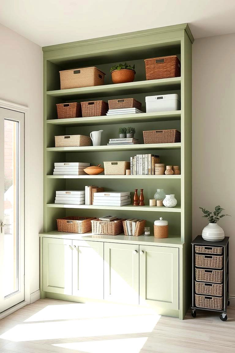 Open Shelving in Light Green - 24 Light Green Bedroom Ideas