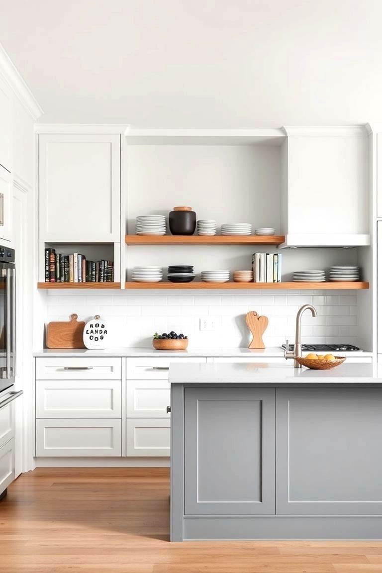 Open Shelving on a Grey Island - 24 White Kitchen Cabinets With Grey Island Ideas