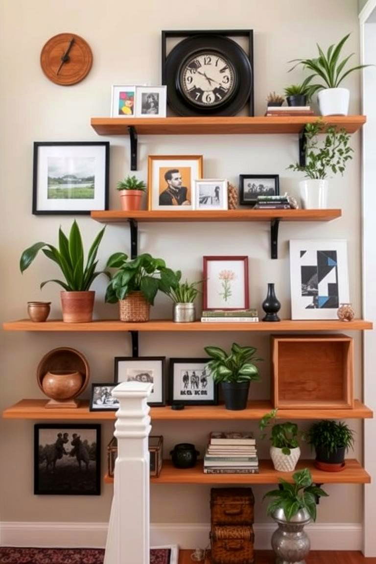 Open Shelving with Art and Plants - 24 Staircase Wall Ideas