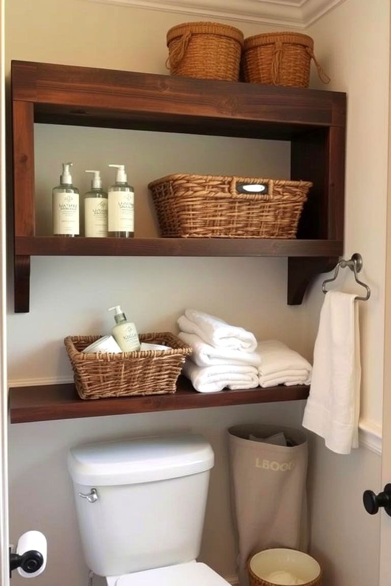 Open Shelving with Baskets - 24 Over Toilet Storage Ideas