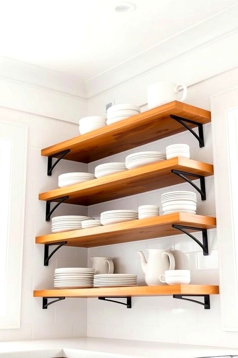 Open Shelving with Black Brackets and White Dishes - 24 White Kitchen with Black Appliances Ideas