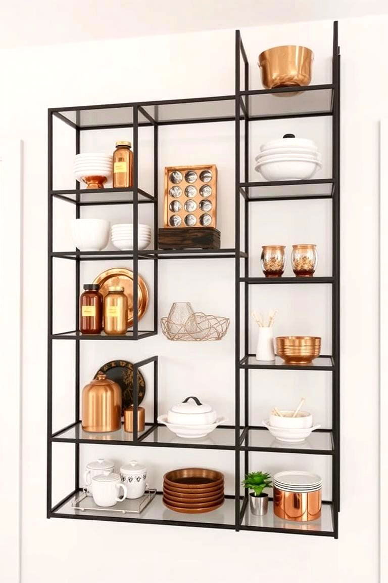 Open Shelving with Black Frames and Copper Display - 24 black and copper kitchen ideas