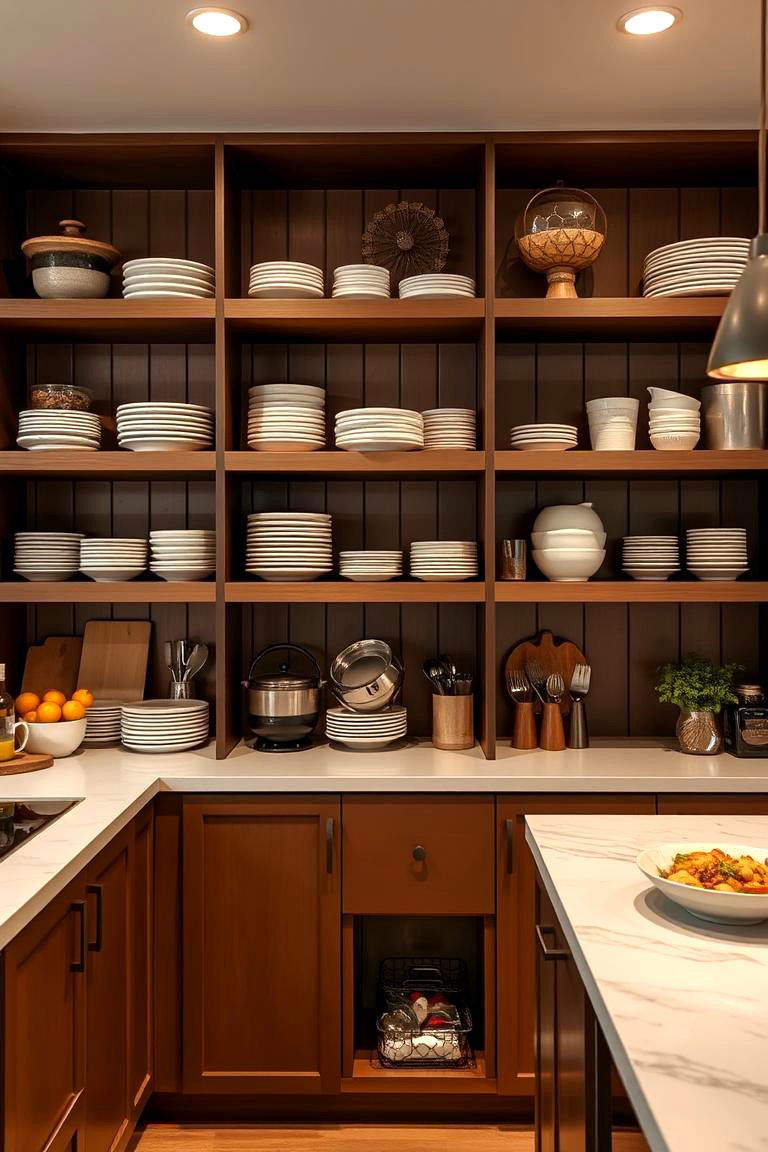 Open Shelving with Brown Accents - 24 Brown Kitchen Cabinets Ideas