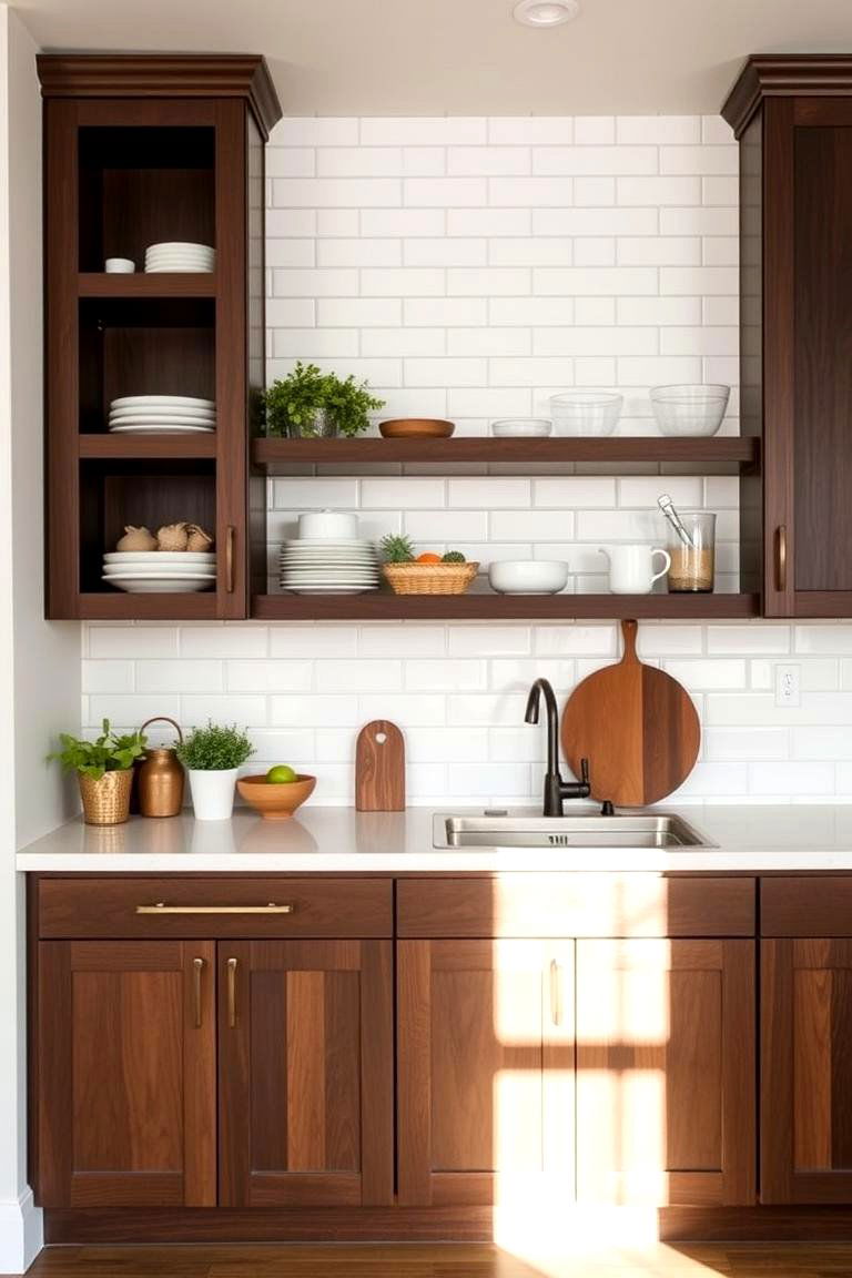 Open Shelving with Contrasting Backsplash - 24 Two Tone Kitchen Cabinet Ideas