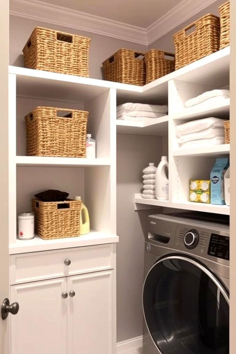 Open Shelving with Decorative Baskets - 24 Laundry Room Shelf Ideas
