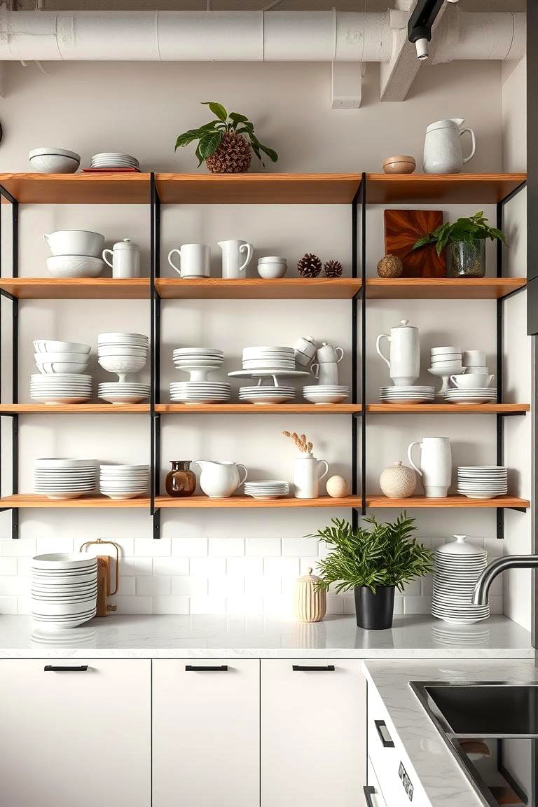 Open Shelving with Display - 24 Office Kitchen Ideas