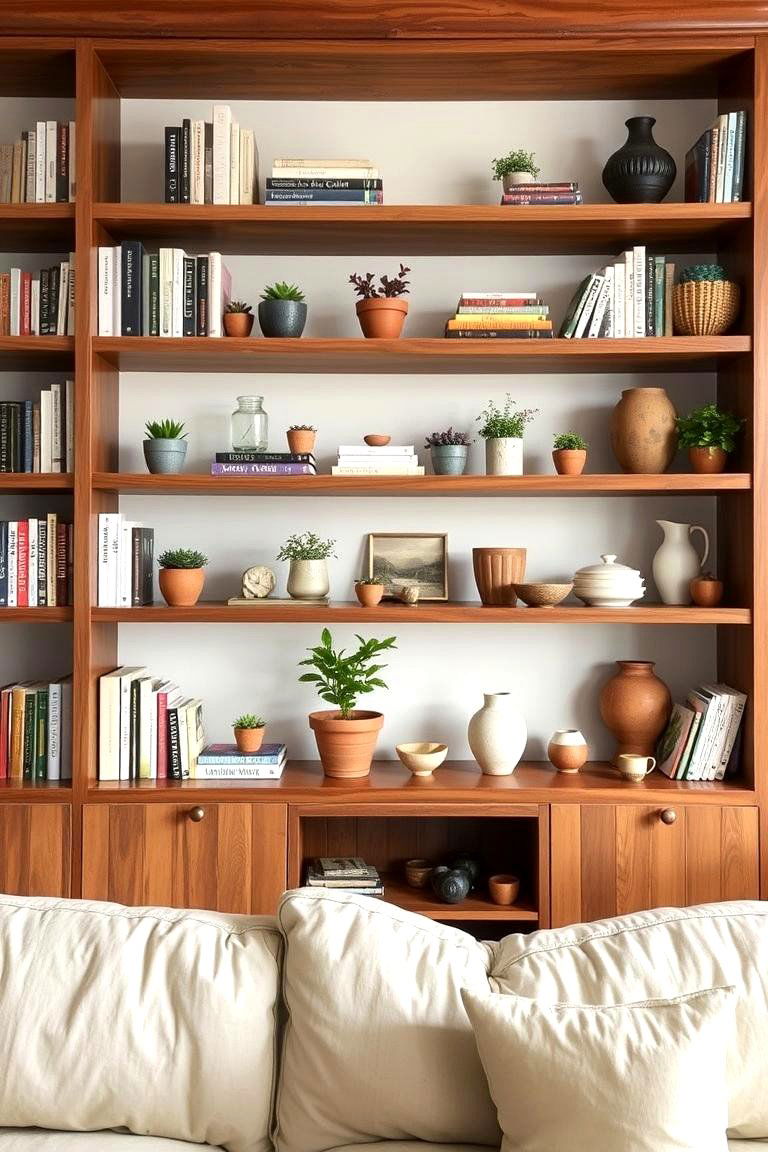 Open Shelving with Natural Accents - 24 Organic Modern Living Room Design Ideas