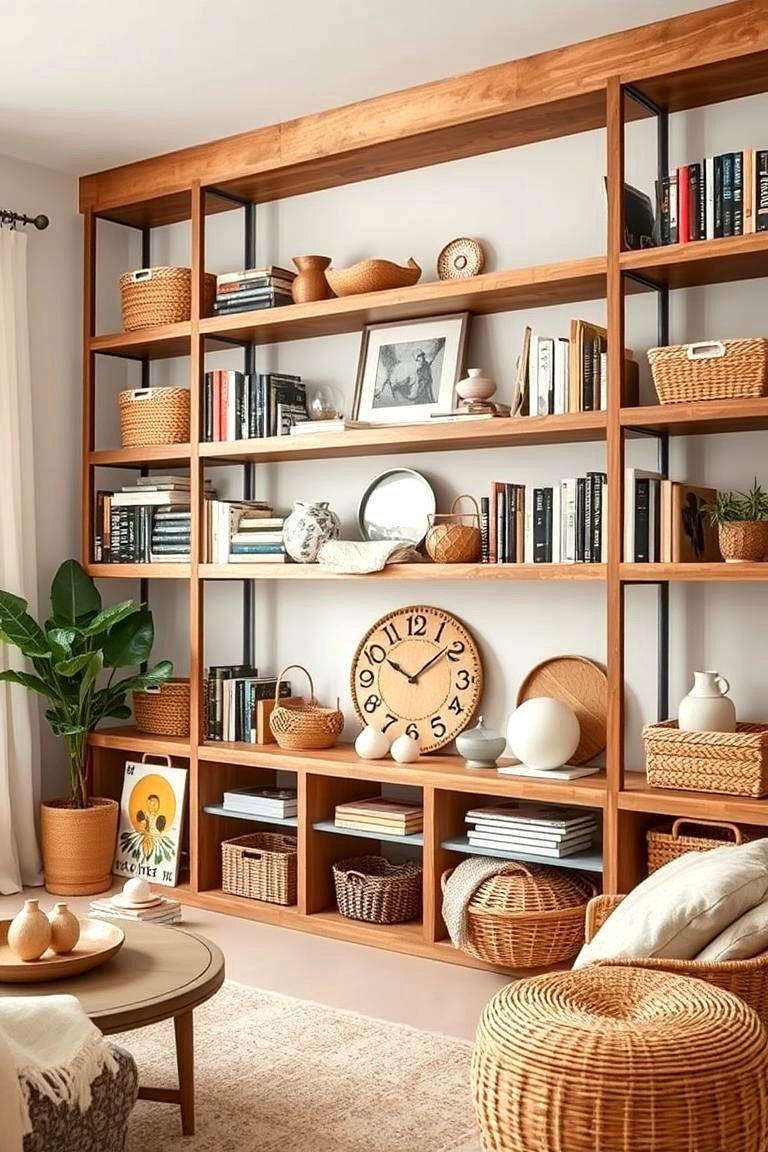 Open Shelving with Natural Materials - 24 Neutral Boho Living Room Ideas