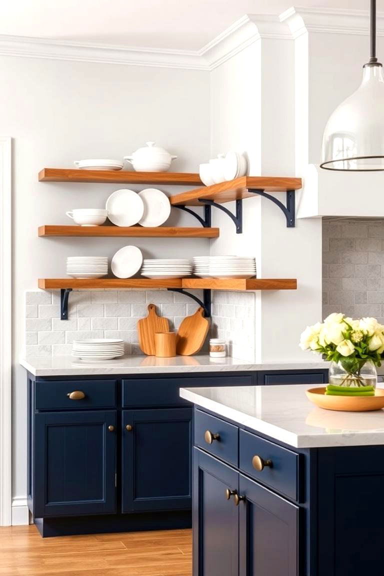 Open Shelving with Navy Blue Accents - 24 Navy Blue Kitchen Cabinets Ideas