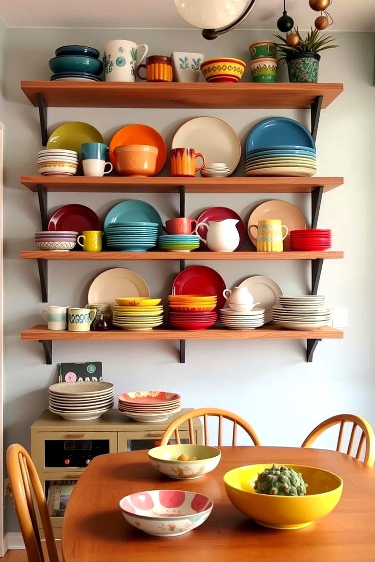 Open Shelving with Retro Dinnerware - 24 70s Dining Room Design Ideas