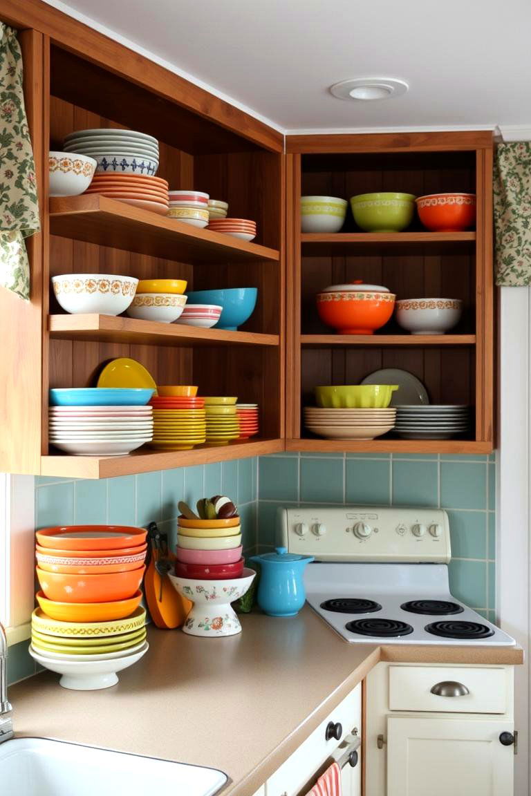Open Shelving with Retro Dishes - 24 Retro Kitchen Ideas