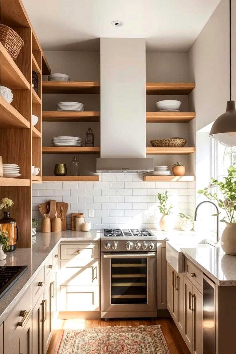 Open Shelving with Taupe Accents - 24 Taupe Kitchen Cabinet Ideas
