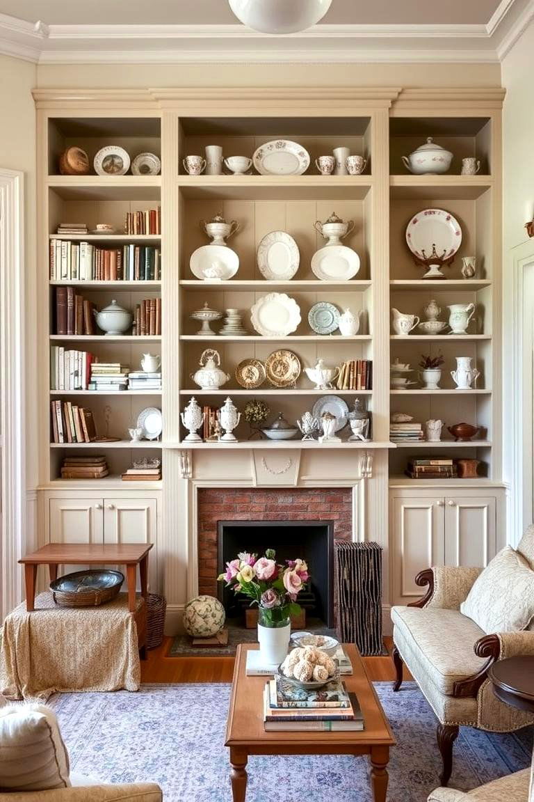 Open Shelving with Vintage Finds - 24 Shabby-chic Style Living Room Ideas