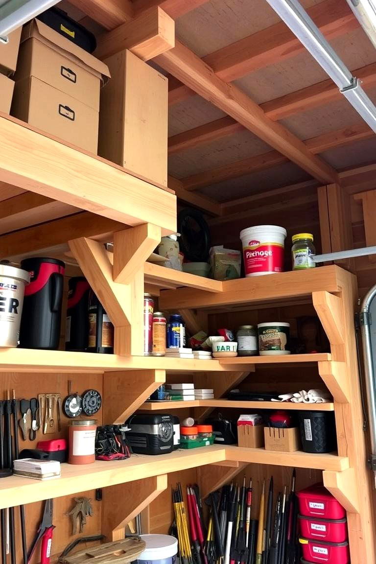Open Shelving with Wooden Supports - 24 Rustic Garage Ideas