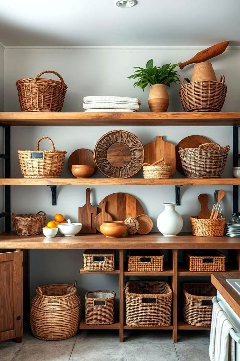 Open Shelving with Woven Baskets - 24 Southwestern Kitchen Ideas
