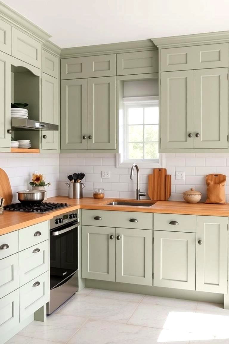 Optimized Organization and Storage Solutions - 24 Sage Green Kitchen Cabinets With Butcher Block Countertops