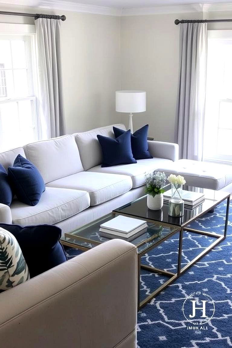 Opting for Grey Furniture with Navy Blue Accents - 24 Navy Blue and Grey Living Room Ideas