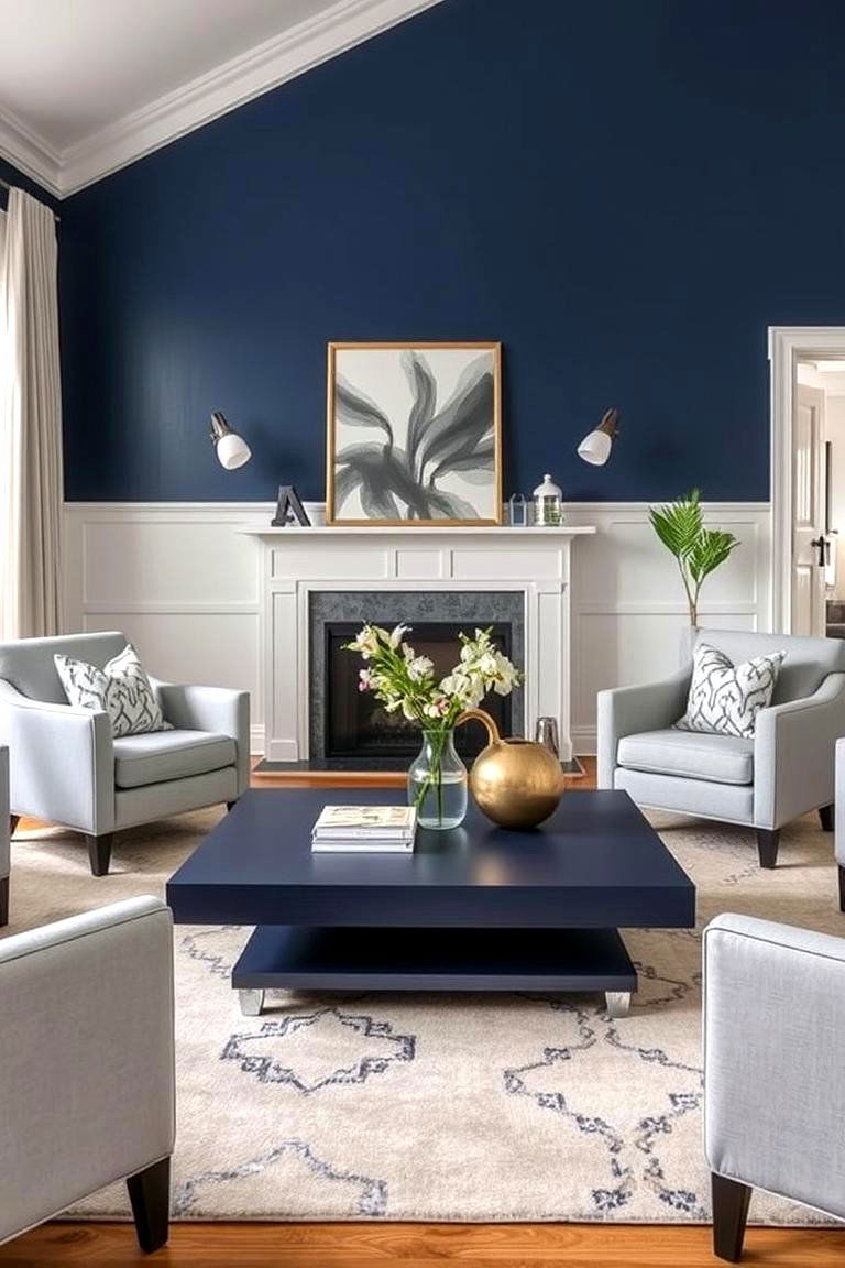 Opting for a Navy Blue Coffee Table - 24 Navy Blue and Grey Living Room Ideas
