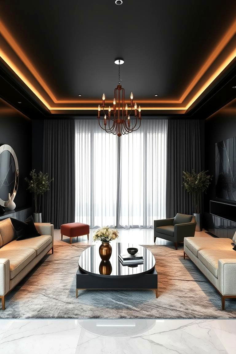Opulent Black Accents - 24 Dark Living Room Ideas