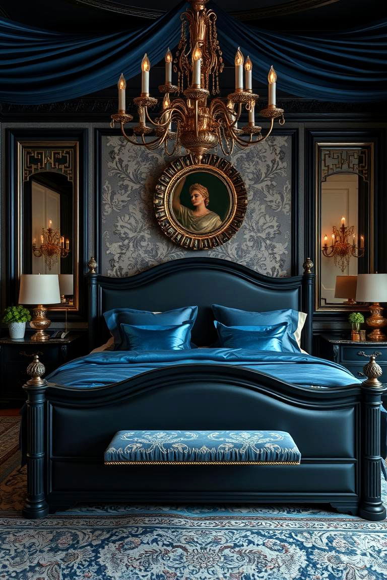 Opulent Black Bed Frames with Crisp Blue Linens - 24 Black and Blue Bedroom Ideas