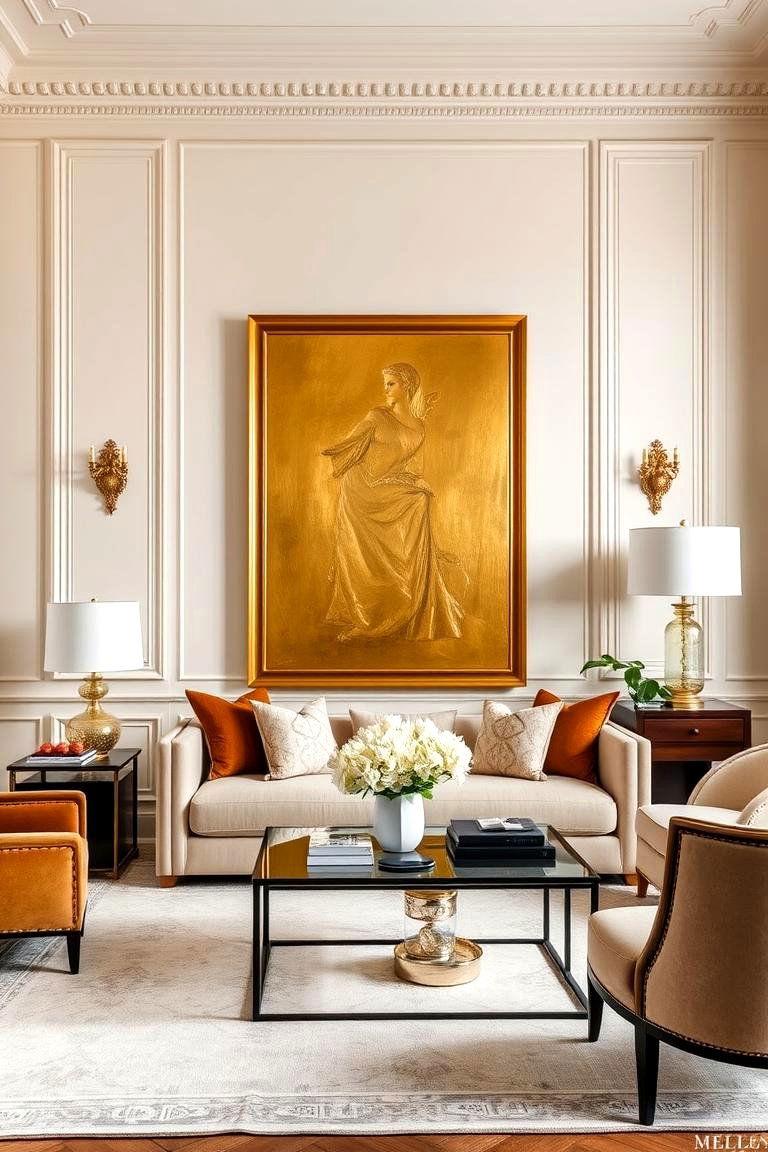 Opulent Cream Walls with Golden Artwork - 24 Cream and Gold Living Room Ideas