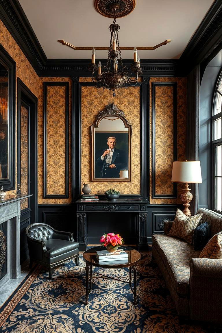 Opulent Gold Wallpaper with Black Detailing - 24 black and gold powder room ideas