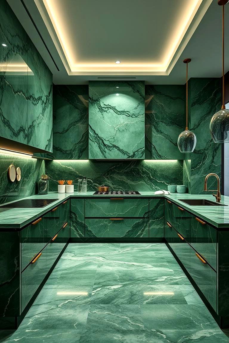 Opulent Green Layers - 24 Green Marble Countertop Design Ideas